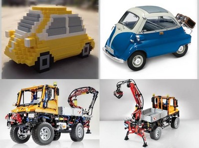 上圖為樂高按1:3比例拼搭的寶馬經(jīng)典微車 Isetta，下圖為樂高拼砌的奔馳 Unimog U 400工程車。
